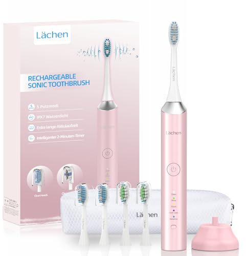 Lächen Elektrische Schallzahnbürste, 5 Modi Elektrische Schallzahnbürste mit Reise-Etui 4 Aufsteckbürsten, USB-Ladung für 60 Tage, Timer, IPX7 Wasserdicht, Rosa
