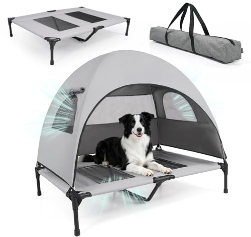 XUVIRA Medium Outdoor Dog Bed with UV Canopy, Elevated Pet Cot for Dogs up to 78 Lbs, Waterproof and Scratch-Resistant Raised Dog Tent with Breathable Mesh for Backyard, Patio, Camping or Indoor Use