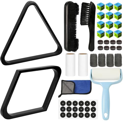 AKLOT Pool Table Brush Set for Felt,10 Kit Billiard Table Cleaning Accessories with Billiard Rack 8/9 Ball Triangle Diamond,Pool Table Brush,Cue Chalk,Sticky Lint Roller Accessories,Black