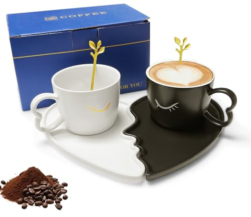 Set di Tazze che si Baciano, 200 ml Tazze da Caffè con Cucchiai e Piattini, Tazze in Ceramica per Coppia, Set di Tazze per Uomo e Donna per Compleanno, San Valentino, Matrimonio, Anniversario, Natale