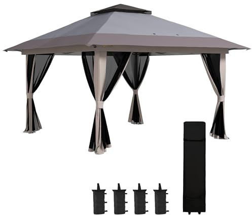 Outsunny Carpa Plegable Pop-up 4x4x2,8 m Cenador de Jardín con Paredes Altura Ajustable Anti-UV Impermeable Doble Techo Mosquiteras y Bolsa de Ruedas Gazebo para Exterior Fiestas Camping Gris Claro