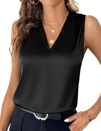 Zeagoo Haut Femme Elegant Satin Col V Soie Casual Habille sans Manches Blouse Chemisier Noir XL