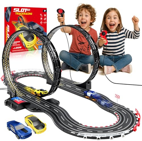 JONRRYIN Pista Macchinine Bambini, 1:64 Piste Elettriche Pista Telecomandata Piste Corsa Giocattolo Ragazzi Ragazze 3 4 5 6 Anni - 2 Autos, Comandi Manuali, Contatore, Loop E Accessori (308CM)