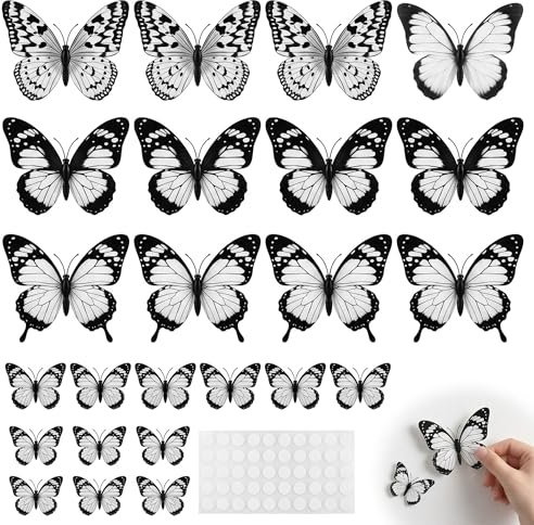32 Mariposas Decorativas Pared 3D Blanco y Negro, Pegatinas de Mariposa de PVC para Decoración de Hogar, Jardín y Porche, Incluye Adhesivos, 2 Tamaños (16 Grandes y 16 Pequeñas)