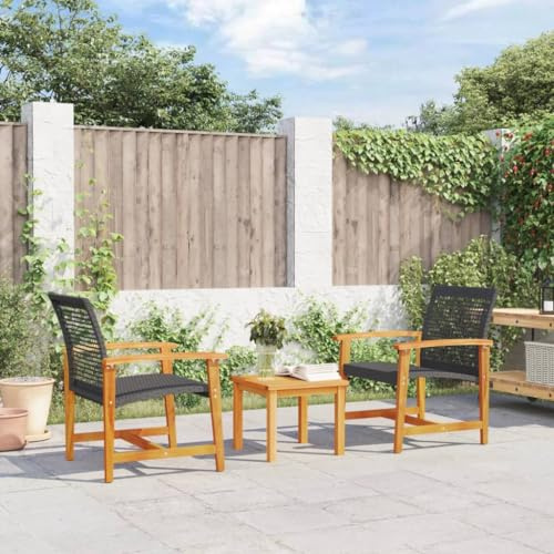 sephironlbb Set da bistrò da 3 pezzi, in polyrattan nero con tavolo da giardino in legno di acacia e 2 sedie da giardino, resistente alle intemperie, per balcone, terrazzo, esterno, con comodo