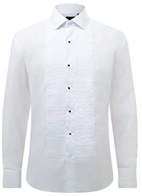 Dobell Mens White Dress Shirt Regular Fit 100% Cotton Standard Collar Pleated Stud Button Front Double Cuff-17.5