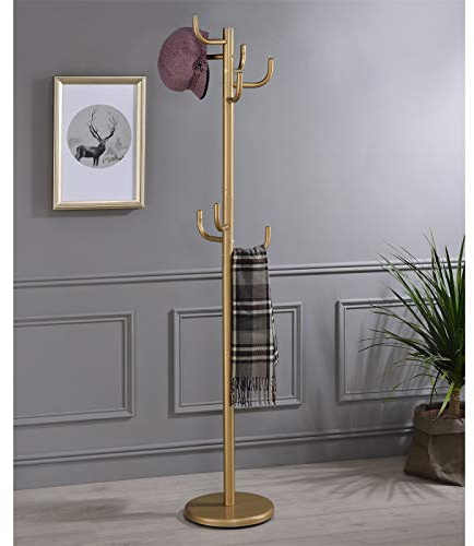 IDIMEX Porte-Manteaux Mila Portant pour vêtements sur Pied Hauteur 174 cm Socle Rond et 8 Crochets Dont 3 à mi-Hauteur, Meuble d'entrée en métal laqué Or