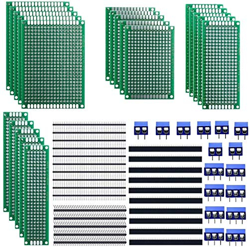 beihuazi® 60Stk PCB Board Leiterplatte Lochrasterplatine Kit Enthält 20 Doppelseitig Lochrasterplatte | Platine 15 PCB Lötbare Schraubklemmen und 25 pin header für Arduino
