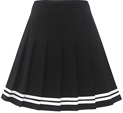 Dressystar Damen Dehnbar Faltenrock Schulmädchen Solide Skater Tennis Basic Mini Rock Schwarz Weiß Streifen L
