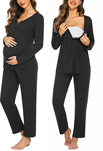Ekouaer Maternity Nursing Pajama Sets Labor Delivery Pjs Long Sleeve Breastfeeding Pajamas Pregnancy Sleepwear Set Black M