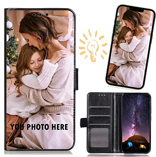 CXKJ Personalised Photo Phone Case for Oppo Reno 8 Pro,Design Your Own Photo Image,Text Phone Case,PU Leather Flip Cover Wallet Case Anti-shock,Anti Drop Personalised Case - Black