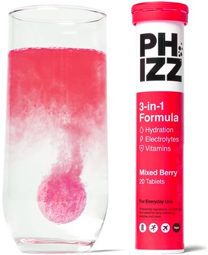 Phizz Electrolitos, Multivitaminas e Hidratación Efervescente 20 Comprimidos - 18 Vitaminas y Minerales, Vitamina C, Vegano, Vegetariano y Bajo en Calorías (Frutos Rojos, 20 Pastilla)
