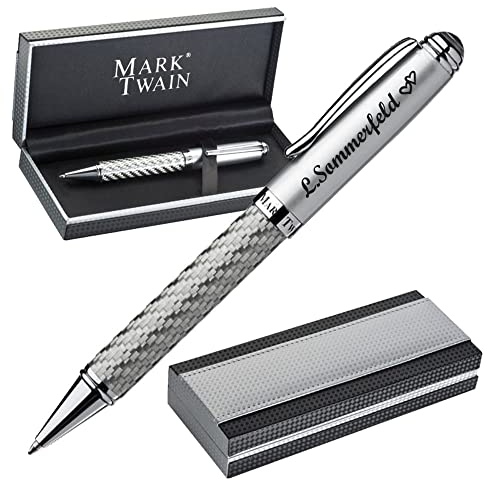 M A R K TWAIN Exklusive Kugelschreiber mit Gravur aus Metall inklusive Geschenkbox - in silbernem Karbondesign - Geschenk zum Geburtstag Jubiläum verschiedene Anlässe PS152