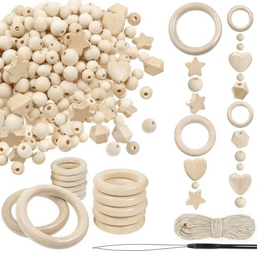 TOAOB 356pcs Perle en Bois Naturel Macramé Kit Perles Rondes Coeur Etoile Octogone 10mm 12mm 14mm 20mm Anneaux Bois 35mm 55mm 70mm pour Fabrication DIY Débutants Accessoires Artisanale de Bijoux