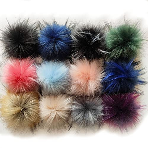 Pompones de Pelo Sintetico, 12Pcs Pompón de Pelo para Gorro, Sombreros, Bolsos, Bufandas, Zapatos, Llaveros, Colgante de Coche, Manualidades de Bricolaje