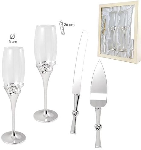 Set de Copas de Cava, Cuchillo y Pala de Tarta para Bodas en Estuche Copas 26 Alto
