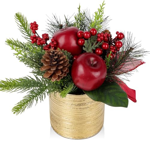 Mini Christmas Tree, Artificial Potted Christmas Tree with Apples Pine Cones Berries Ribbon Tabletop Small Christmas Floral Arrangements in Pot Xmas Centerpieces for Tables Desk Mantle Decor-10.2''
