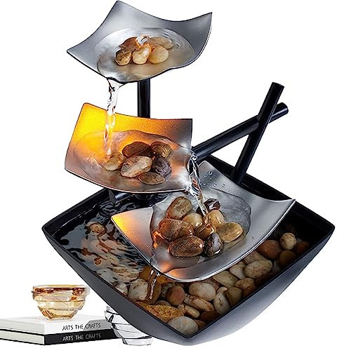 Tuzsocr Zimmerbrunnen 3 Ebenen, Tischbrunnen Wasserfall mit LED Beleuchtung, Moderne Zen Tischdekoration, Meditation & Entspannung, für Haus, Büro, Garten, Wohnzimmer,H 20 cm (Silber)