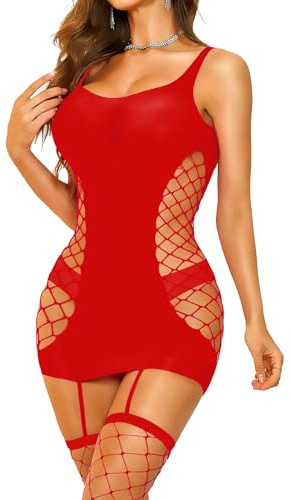 RSLOVE Lencería Íntima para Mujer Babydoll Sexy Bodystocking de Malla Camisón, rojo, Talla única