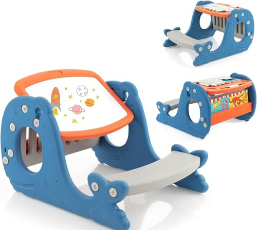 RELAX4LIFE Set Tavolo con Sedie Convertibile per Bambini, 4 in 1 con Cavalletto Regolabile, Lavagna Cancellabile, Panchina, Tavolo da Disegno con Panchina, a forma di Balena,1 + Anni,67 x 54 x 39cm