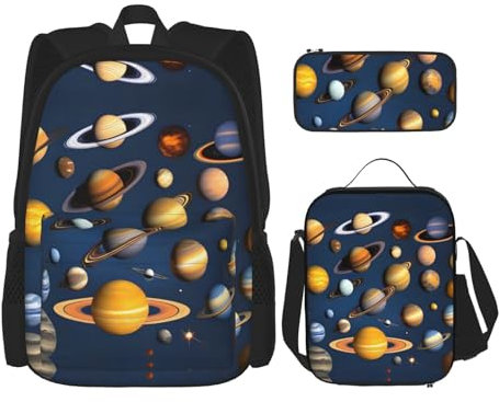 TRUKD Rucksack für Studenten, Wassermondhöhle, Tasche für Jungen, Mädchen, Federmäppchen, Lunchtasche, Kinder, 3-in-1 Büchertaschen, Schultaschen-Set, Sonnensystem-Planeten, Einheitsgröße,