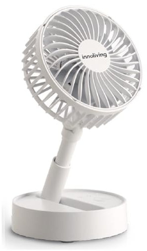 Innoliving Ventilatore Pieghevole Ricaricabile Senza Fili,Altezza Regolabile, 3 Velocità, Angolo 90°, Batteria Litio 1800mAh, Ricarica USB, Portatile, Conveniente (Bianco, 10 cm Pieghevole)