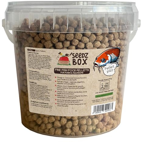Pond & Aquarium Fish Food Pellets Sticks 1L 440g - 3mm Fish Food Sticks - Freshwater & Tropical Incl Koi Carp Goldfish Orfe Sturgeon - High in Omega 3 Protein & Fat - Seedzbox