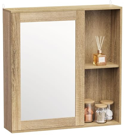 VonHaus Bathroom Mirror Cabinet - Oak Wood Effect Bathroom Cabinet with Mirror - 1 Door Bathroom Storage Unit with Handleless Design & Adjustable Shelf - Wall Storage for Toiletries - Chester