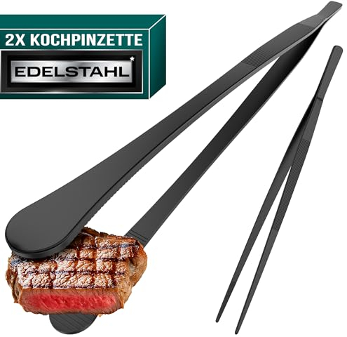 4happy Kochpinzette - 2 Stück Kochpinzette Edelstahl Set, runde Grillpinzette zum Kochen und Braten + spitze Küchenpinzette zum Dekorieren, Pinzette Küche 30 cm, Schwarz