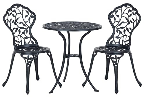 Outsunny Ensemble de bistrot 3 pièces en Fonte Aluminium, 2 chaises et 1 Table Ronde, Salon de Jardin extérieur 2 Personnes, Table de Jardin extérieur avec chaises pour terrasse, Balcon, Noir