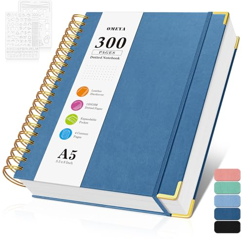 Bullet Dotted Journal Spiral Notebook, 300 Pages Leather Notebooks with Contens, 120 GSM Thick No Bleed Through Paper Journals, A5 Dot Grid Notebook for Women Men Work Writing, 5.5 x 8, Dark Blue
