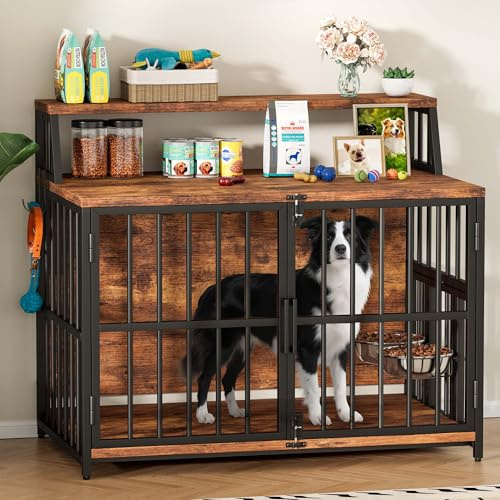 Heavy Duty Dog Crate Furniture - LitaiL 40” Large Dog Kennel Furniture with Elevated Stainless Steel Bowls, Wooden Dog Crate with Storage, Brown Dog Crates Cage for Small Medium Dogs
