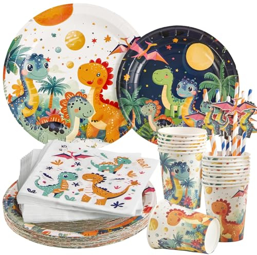 Easy Joy Dinosaur Party Decorations for Kids Dino Party Plates Jungle Safari Theme Tableware Set-100PCS Dinosaur Paper Plate Cups and Napkins for Boys Kids Birthday Baby Shower Supplies Serve 20