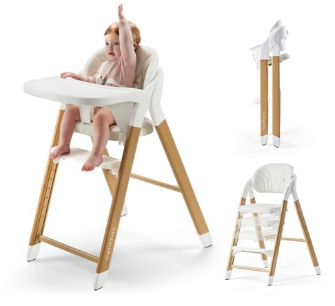 Tinyiota High Chair for Babies and Toddlers, Foldable & 8-Level Adjustable, One-Handed Removable Tray, Ergonomic Baby Highchair Convertible into Desk Chair for Toddler to Adult (Wood Color)