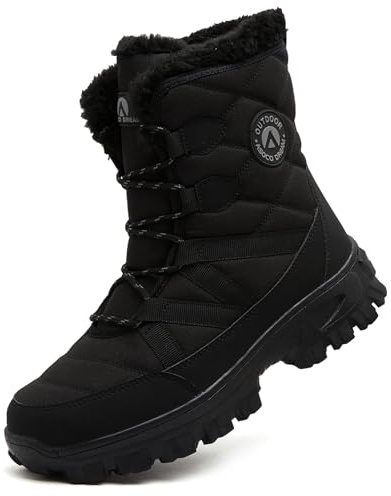 ASOCO DREAM Snow Boots Men's Waterproof Warm Fur Lined Winter Boots Outdoor Mid Calf Walking Hiking Booties,All Black,9 UK
