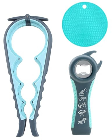 5-in-1 Jar Opener for Seniors & Weak Hands - Non-Slip Rubber Grip Bottle/Lid Opener - Arthritis-Friendly Kitchen Tool (Blue/Grey) for Easy Open Jars & Bottles