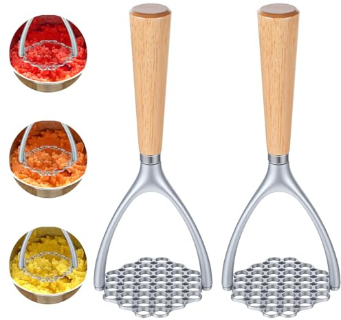 2 Pack Potato Masher with Wooden Handle – Heavy Duty Aluminum Potato Press & Masher for Kitchen – Ergonomic Design for Smooth Mashed Potatoes, Vegetables, and More