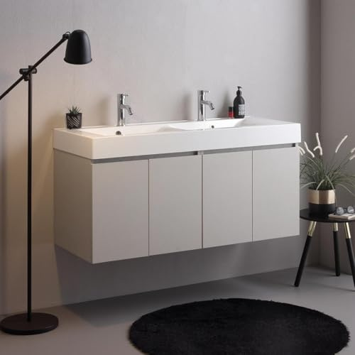 Kiamami Valentina Meuble Suspendu pour Salle de Bains 120cm Gris Perle et lavabo Double Vasque | Vittoria