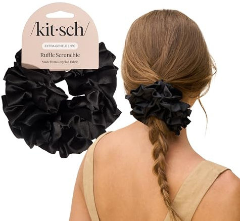 Kitsch Ruffle Satin Scrunchies For Women - Gentle Hair Tie - Black, 1pc