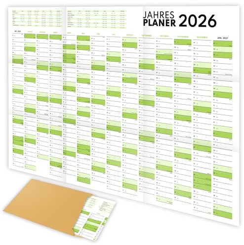 XXL Wandkalender 2026 groß (90x60cm) - Jahresplaner 2026 quer als Kalender für die Wand - Jahreskalender für 14 Monate mit Ferienübersicht - Kalender gefalzt für das Büro