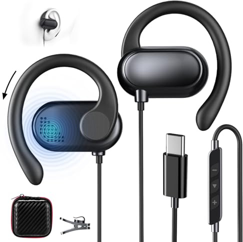 Auriculares abiertos USB C Sport ajustables gancho de oreja micrófono y control de volumen tipo C auriculares con cable para Samsung Galaxy S25 S24 para iPhone 17 Air 16 15 píxeles 10 9 8 auriculares