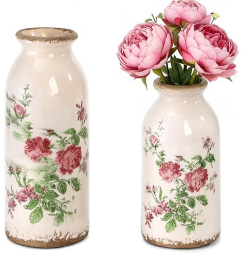 Covzoe Set of 2 Vintage Small Ceramic Vase, Retro Rose Floral Decorative Vases for Table Centerpiece, Mini Bud Vase Art Decor for Home Bedroom, Living Room Office Bathroom, 2 Size