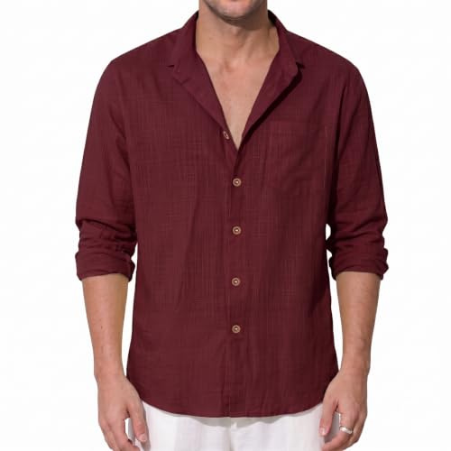 Dybycit Mens Cotton Linen Long Sleeve Henley Shirts Casual Banded Collar Lightweight Solid Color Summer Beach Tops with Pocket