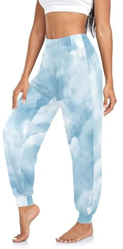 RPLIFE Vattenfärg moln blå vita yogabyxor dam sommar boho hippie harembyxor casual träningsbyxor joggingbyxor, Akvarell moln blå vit, XL