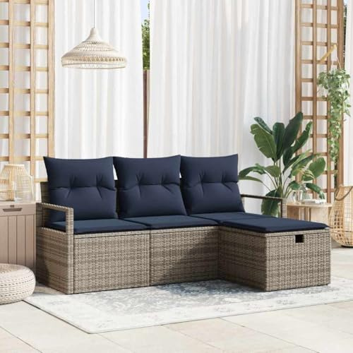 Runheo Ensemble de canapés modulable 4 pièces en polyrotin Gris et Marine avec Coussins, Banquette d'angle Convertible, Salon extérieur pour Jardin terrasse Balcon Patio