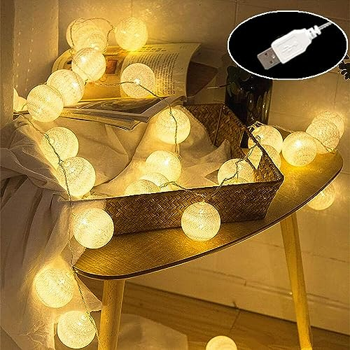 Elinkume Ghirlanda Luminosa Cotone LED,4M 20 Sfere Catena Luci Stringa con USB,Luci Natale Luce Notturna Interno,Lucine LEDS Decorative per Feste,Giardino,Natale,Matrimoni,Stanza,Tenda (Bianco Caldo)