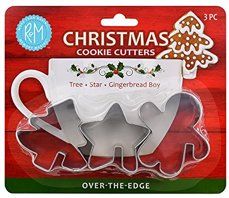 R&M Christmas Over-The-Edge 3-Piece Cookie Cutter Set – Tree, Star & Gingerbread Boy Steel Mug Rim Holiday Baking Set