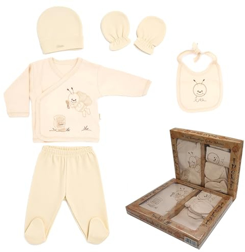 Ipeksi baby nyfödda babyset, 100 % naturlig bomull, första utrustning, utrustning, unisex, kläder, presentset, babyutrustning med 5 delar, för spädbarn 0–4 månader, Krämfärgad