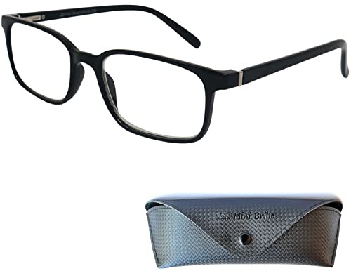 Mini Brille - Lunettes Anti Lumière Bleue Design avec de Verres Rectangles, Etui Lunettes, Monture plastique (Noir) avec Charnière à Ressort, Lunettes de Lecture Homme et Femme +2,0 Dioptrie