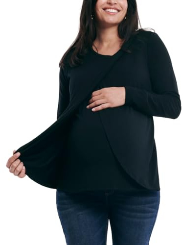 Motherhood Maternity Women's Long Sleeve Scoop Neck Tulip Nursing Tee Shirt for Breastfeeding with Easy Access, Black, Large